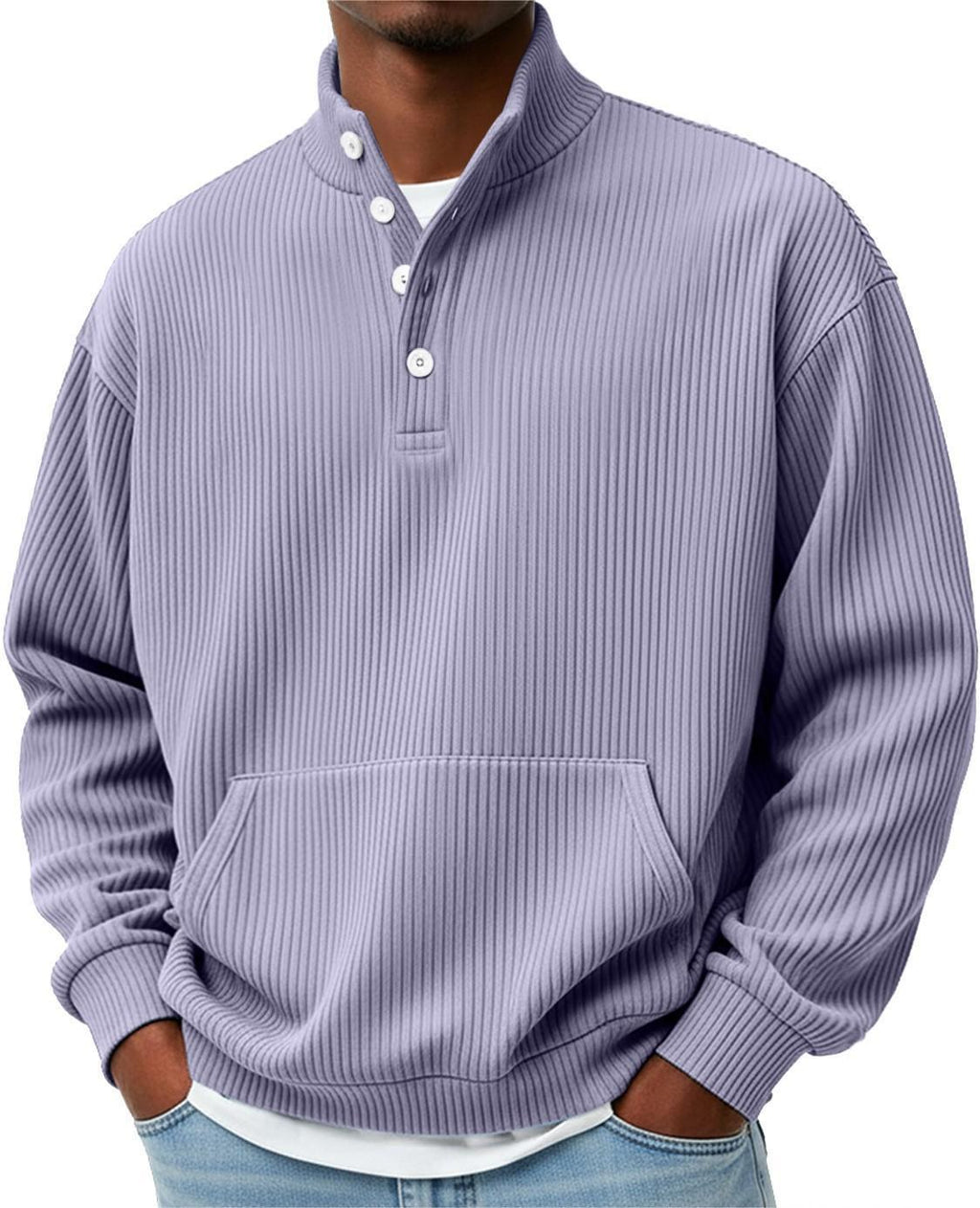 Mens Solid-Color Turtleneck Casual Long-Sleeve Polo Sweatshirt With Pockets For Men Spring Autumn Clothing Loose Button Polo Collar Tees Tops Man Outwear