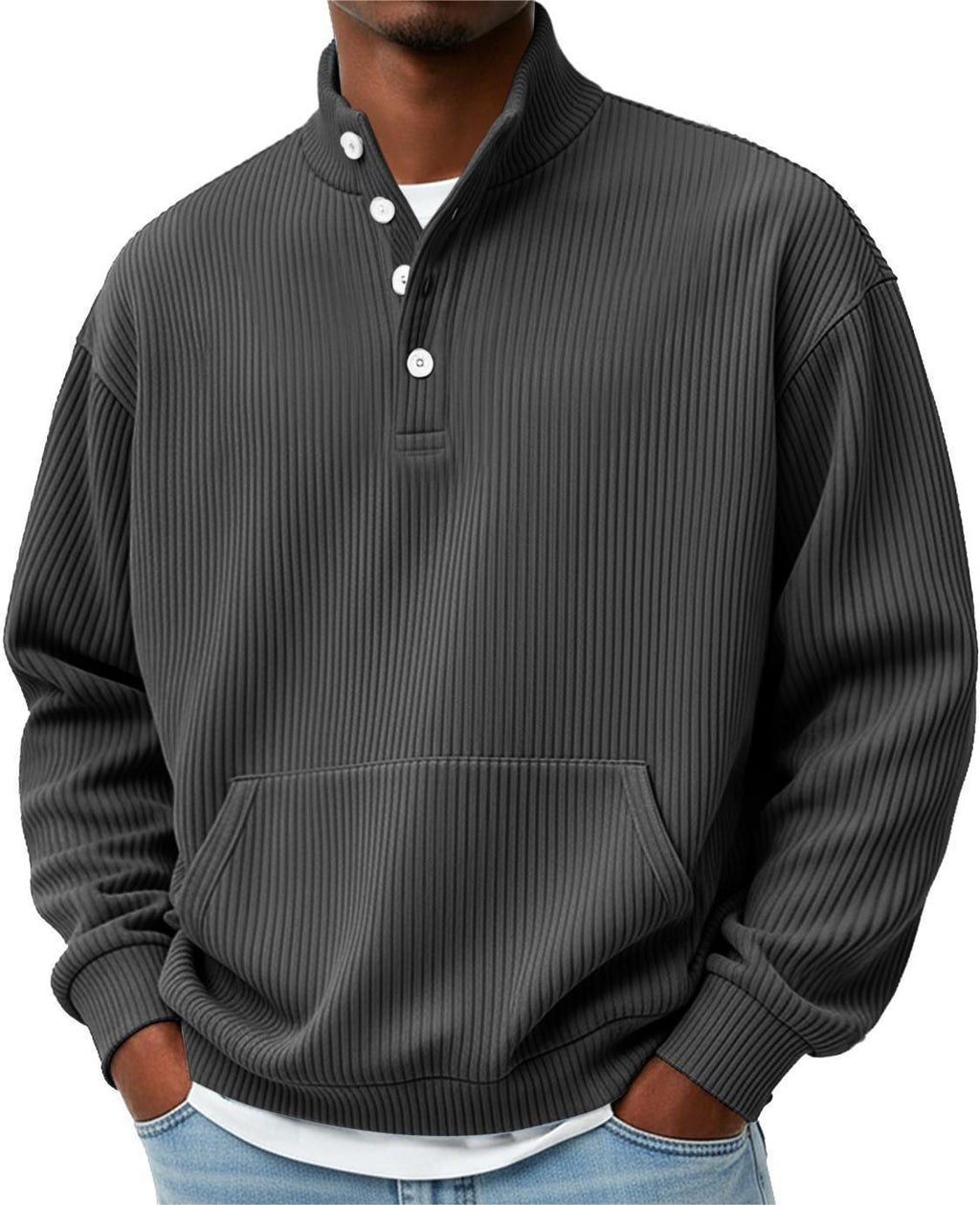 Mens Solid-Color Turtleneck Casual Long-Sleeve Polo Sweatshirt With Pockets For Men Spring Autumn Clothing Loose Button Polo Collar Tees Tops Man Outwear