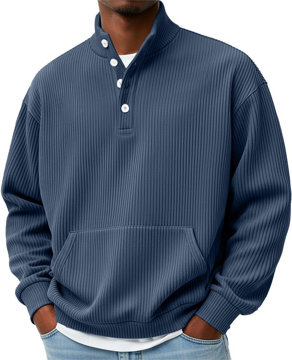 Mens Solid-Color Turtleneck Casual Long-Sleeve Polo Sweatshirt With Pockets For Men Spring Autumn Clothing Loose Button Polo Collar Tees Tops Man Outwear