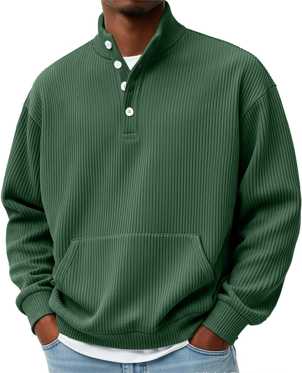 Mens Solid-Color Turtleneck Casual Long-Sleeve Polo Sweatshirt With Pockets For Men Spring Autumn Clothing Loose Button Polo Collar Tees Tops Man Outwear