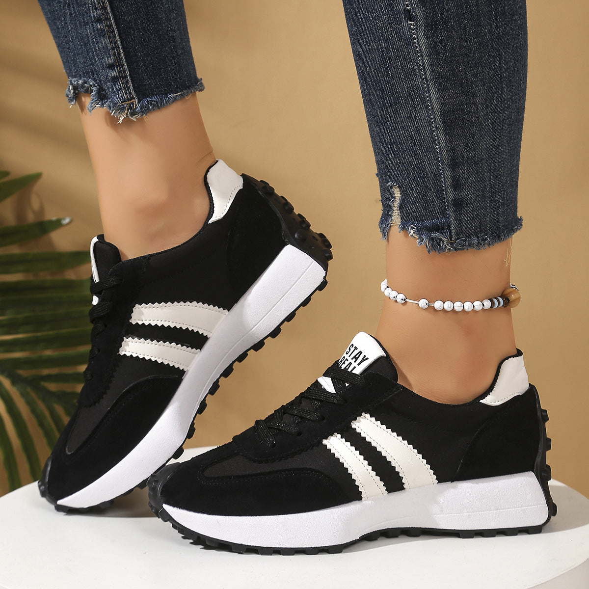 Stripe Lace-up Sneakers Women's Thick Bottom Casual Shoes Breathable Sports Shoes
