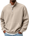 Mens Solid-Color Turtleneck Casual Long-Sleeve Polo Sweatshirt With Pockets For Men Spring Autumn Clothing Loose Button Polo Collar Tees Tops Man Outwear